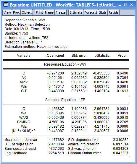 Heckman Selection Two Step Output