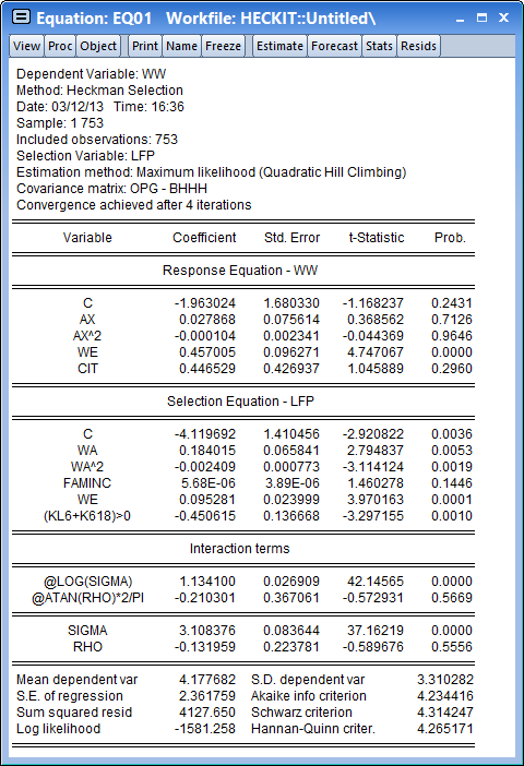 Heckman Selection MLE Output